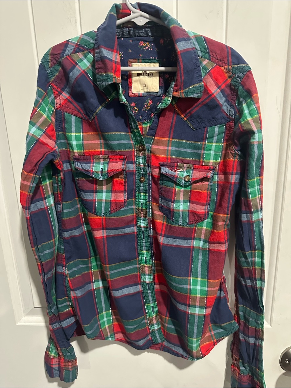 Hollister Navy, Red & Green Plaid Button-Down Shirt